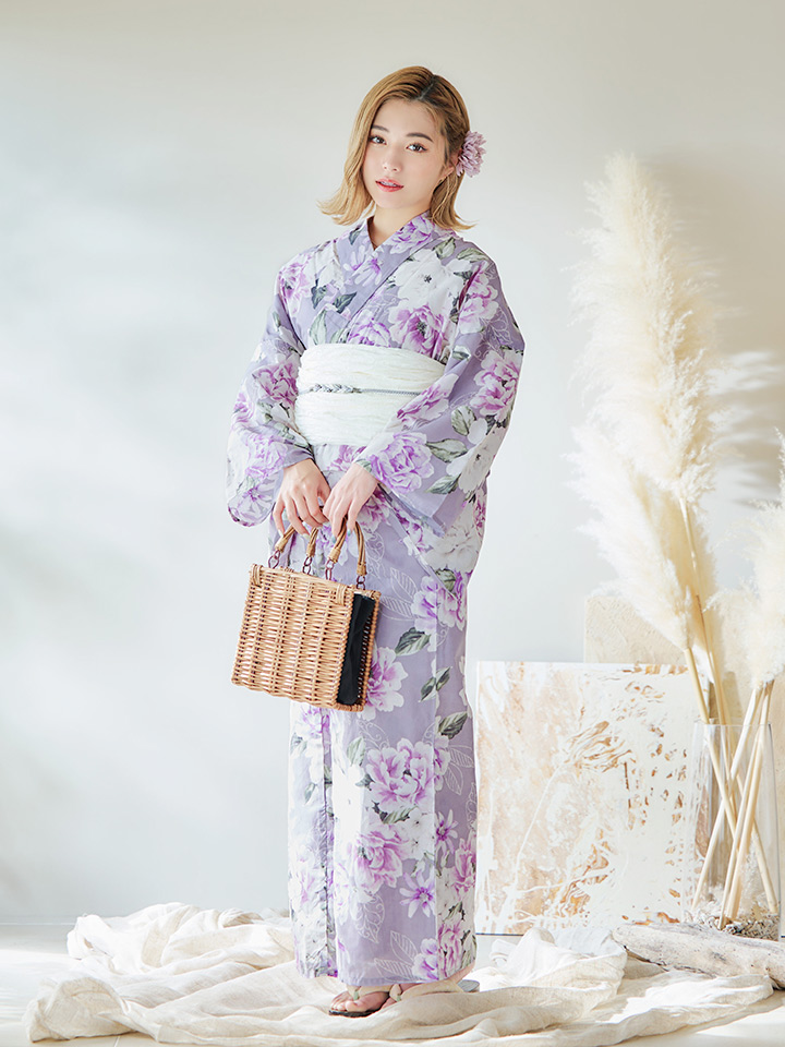 即日発送】【浴衣】大胆に咲き誇る紫×白牡丹浴衣 siwa-k29 / 19himo-GY 