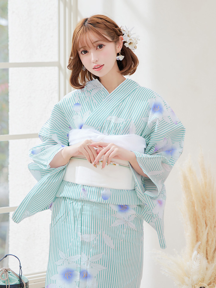 即日発送】【浴衣】ブルーストライプ地x百合浴衣 19obi-3 / 19himo-BL 