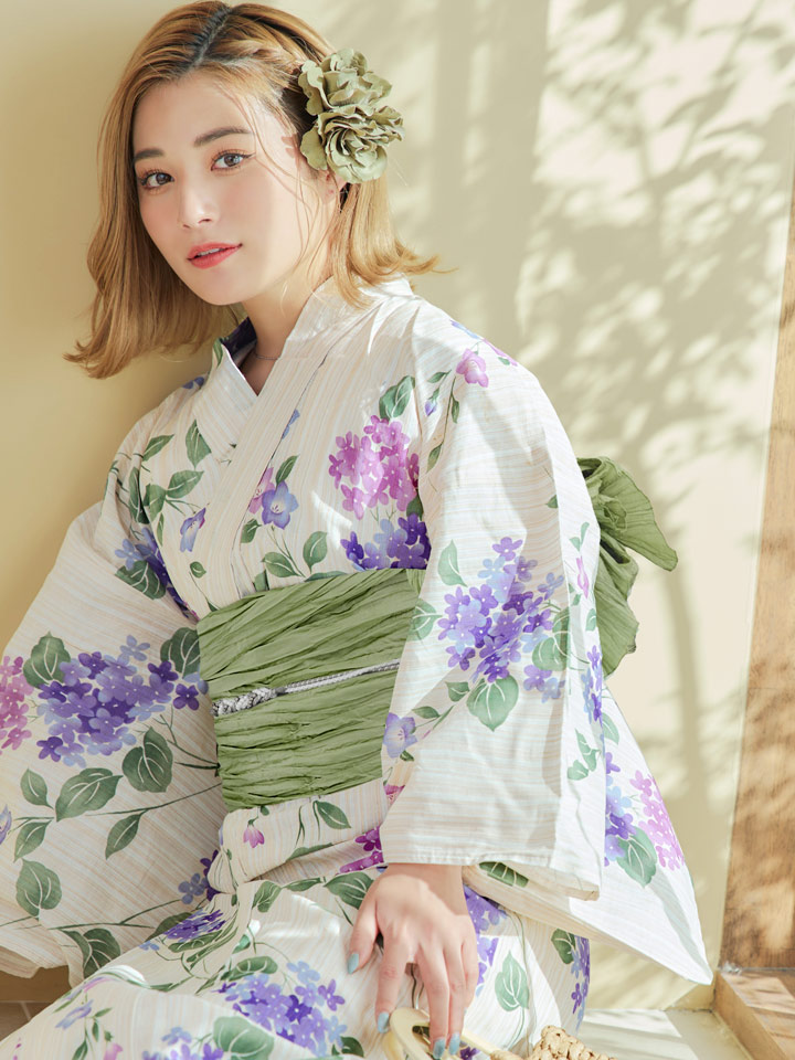 即日発送】【浴衣】クリームストライプ地x紫陽花浴衣 siwa107 Yhimo-GY×GY/ A944kj-GR/ Yheko-030-W/  CG-15-IV [OF01]_