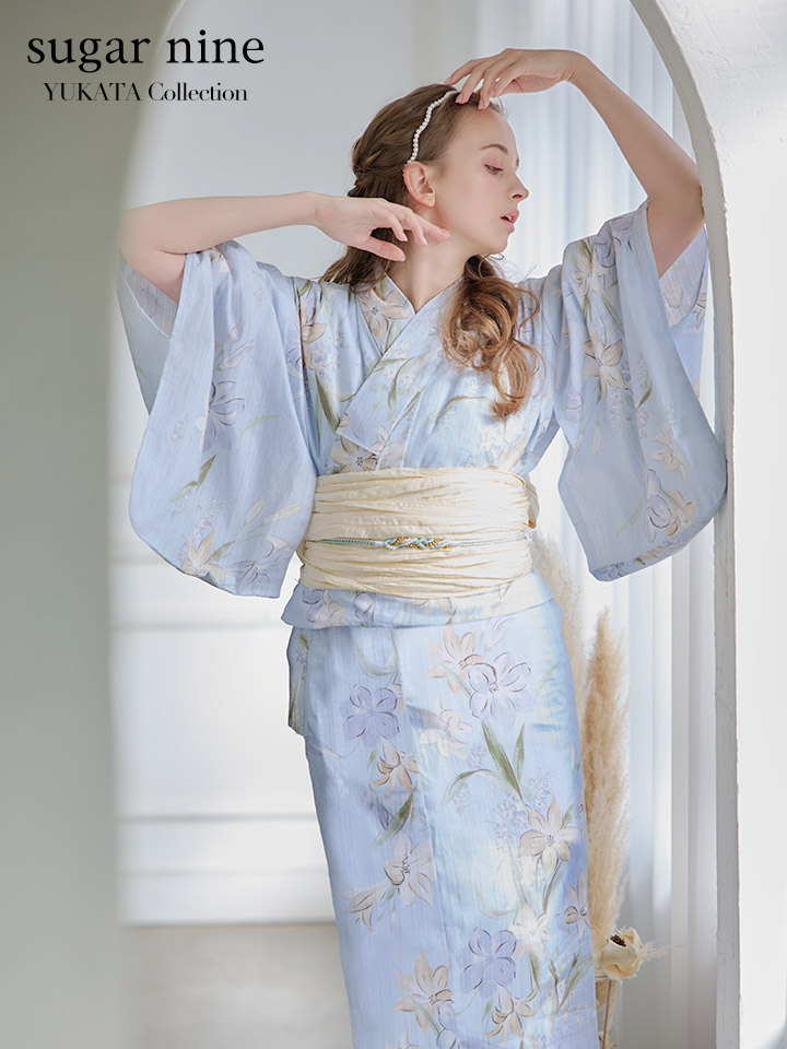 即日発送】ニュアンスブルー地×水仙花浴衣 siwa30 / 19himo-BL / A939 