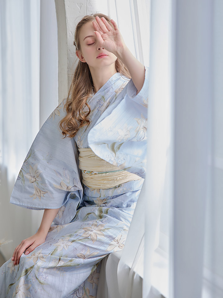 即日発送】ニュアンスブルー地×水仙花浴衣 siwa30 / 19himo-BL / A939 