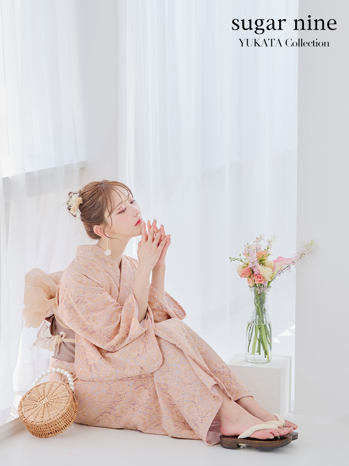 即日発送】白地×ベージュフラワーレース浴衣 19obi-34 / 23himowk 