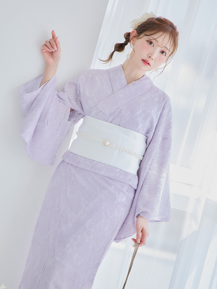 即日発送】白地×ライラックフラワーレース浴衣 19obi-3 / 19himo ...