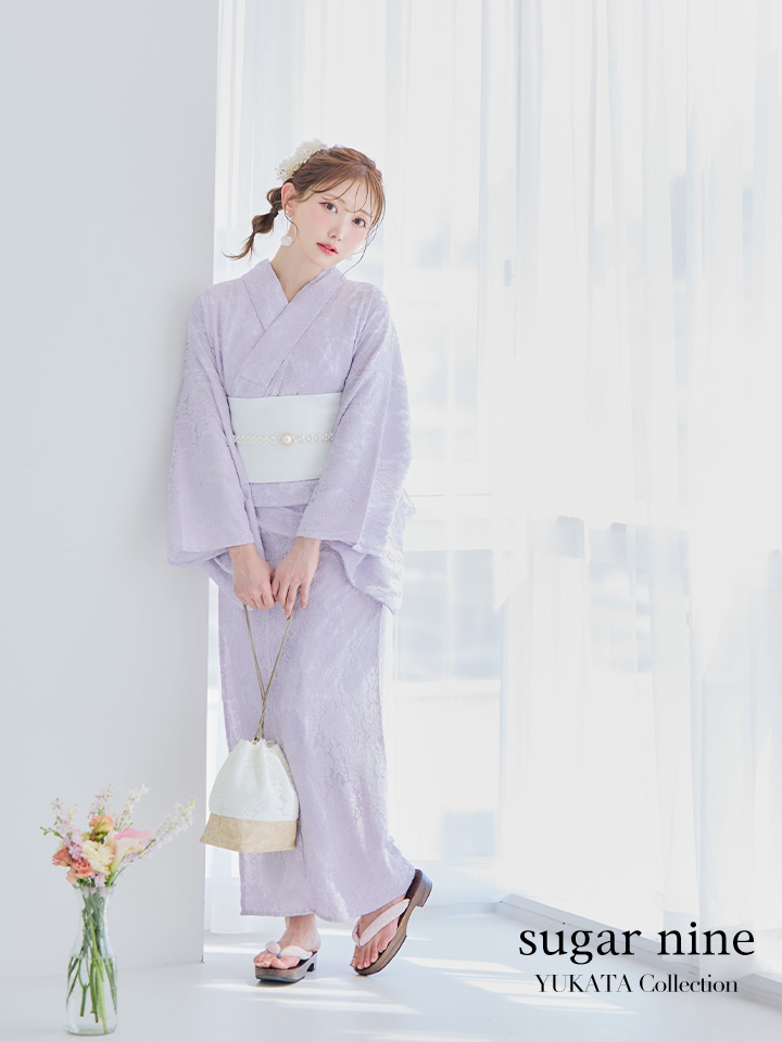 即日発送】白地×ライラックフラワーレース浴衣 19obi-3 / 19himo 