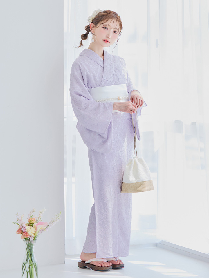 即日発送】白地×ライラックフラワーレース浴衣 19obi-3 / 19himo ...