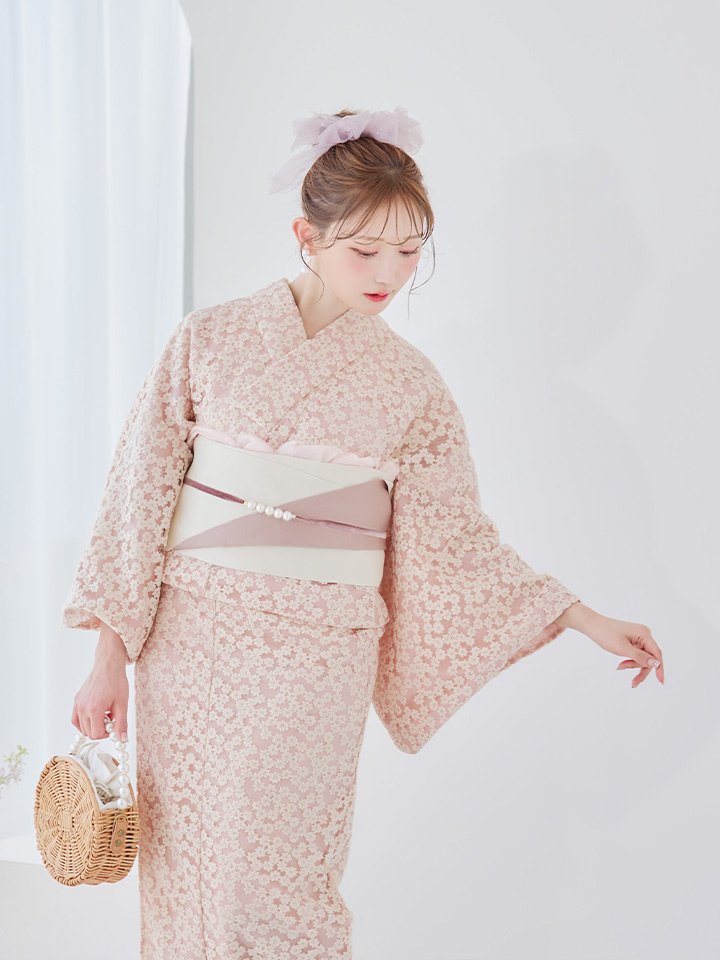 即日発送】ベージュ地x小花レース浴衣 19obi-30 / 23himowk-az 