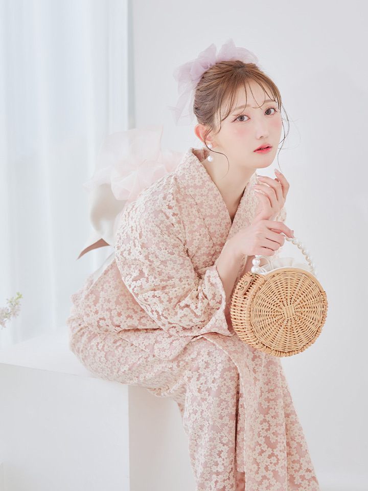 即日発送】ベージュ地x小花レース浴衣 19obi-30 / 23himowk-az