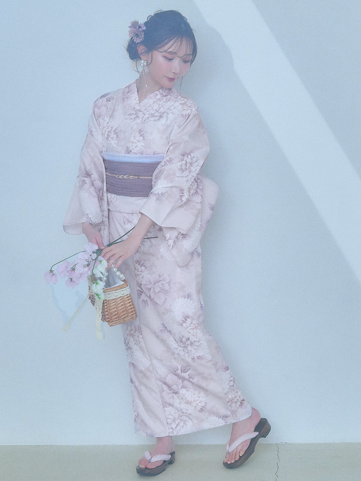 最終値下げ！新品　浴衣・帯セット  くすみカラー 即日発送】くすみカラー×パープルダリア浴衣【浴衣3点セット