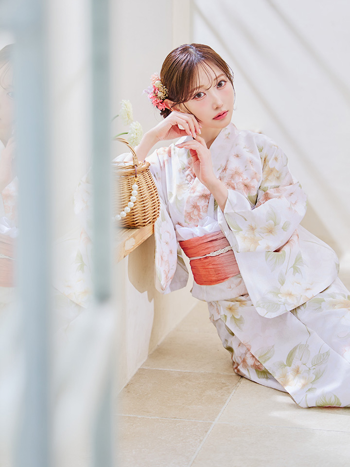 即日発送！】クリームイエロー×オレンジ紫陽花浴衣【浴衣3点