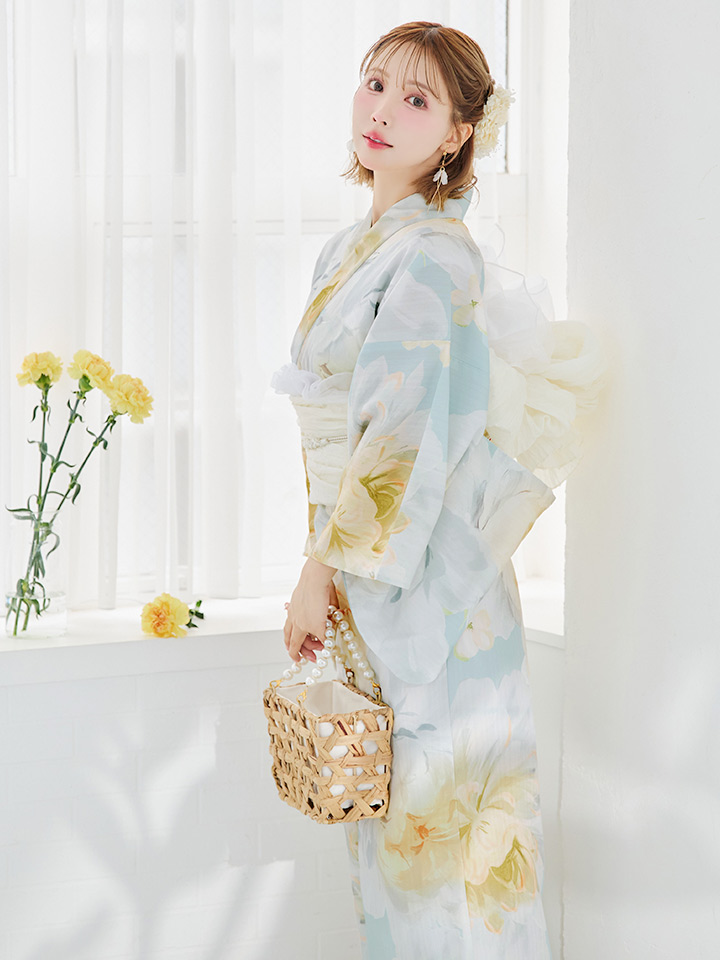 くすみブルーニュアンス牡丹浴衣sugar 即日発送】ニュアンスフラワーミント牡丹浴衣【浴衣3点セット