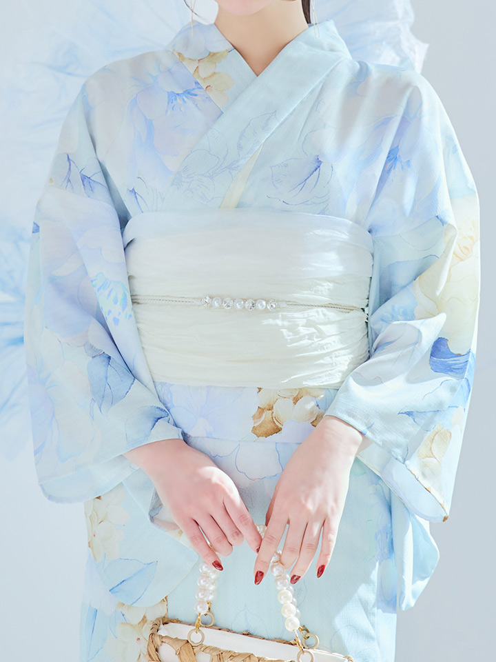 即日発送】ベビーブルー牡丹＆紫陽花浴衣【浴衣3点セット 浴衣/帯