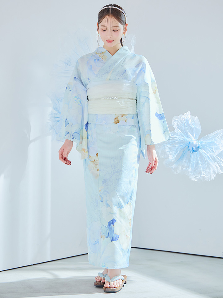 即日発送】ベビーブルー牡丹＆紫陽花浴衣【浴衣3点セット 浴衣