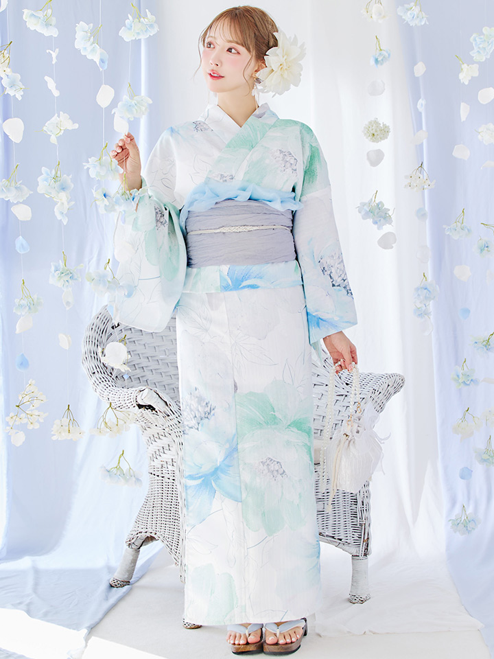 JEWELS アイシーミントフラワー浴衣 3点セット (浴衣/帯/下駄) 浴衣セール！】大柄アイシーミントフラワー浴衣【浴衣3点セット