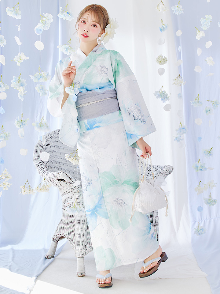 JEWELS アイシーミントフラワー浴衣 3点セット (浴衣/帯/下駄) 即日発送】アイシーミントフラワー浴衣【浴衣3点セット 浴衣/帯