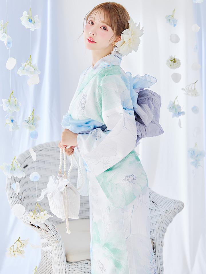 新品　未使用　白地に水色の大輪の花が爽やかな浴衣 浴衣セール！】大柄アイシーミントフラワー浴衣【浴衣3点セット