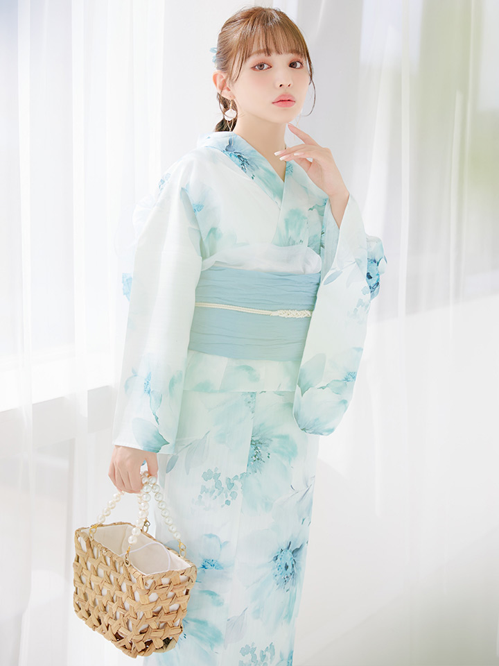 ブルーグレイニュアンスフラワー浴衣【浴衣3点セット 浴衣/帯