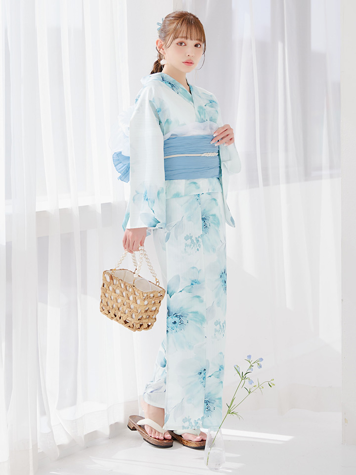 即日発送】ブルーグレイニュアンスフラワー浴衣【浴衣3点セット 浴衣