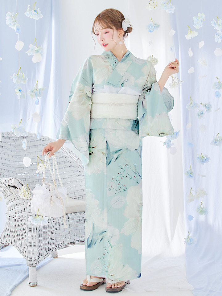 【新品未開封】Karin 浴衣・帯セット ミント 即日発送】【浴衣】ミント地x牡丹浴衣 【浴衣3点セット 浴衣/帯/下駄