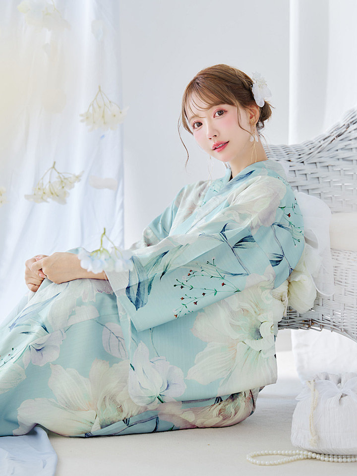 単衣 紬 付下げ ミントグリーン 花