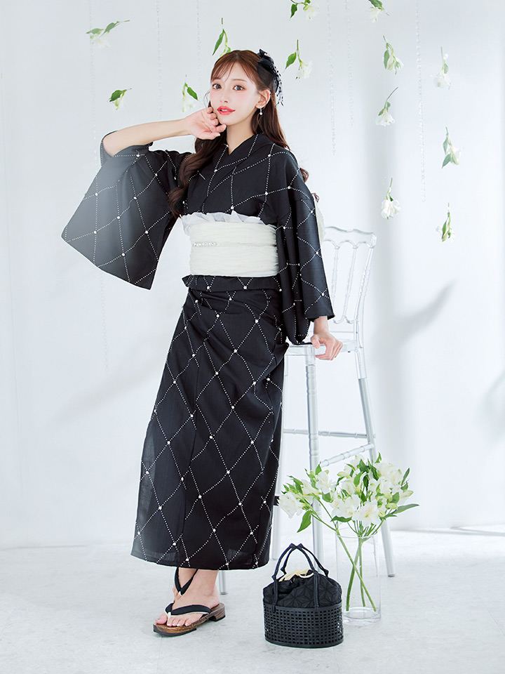 絶対的な信頼 アーガイルビジュー浴衣【浴衣3点セット 浴衣/帯/下駄】OBI 着物・浴衣