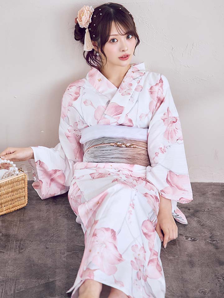 【即日発送】ニュアンスピンク水彩朝顔浴衣 【浴衣3点セット 浴衣/帯/下駄】[OF04]