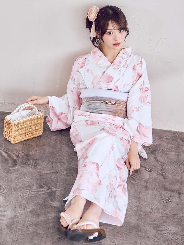 即日発送】ニュアンスピンク水彩朝顔浴衣 【浴衣3点セット 浴衣/帯