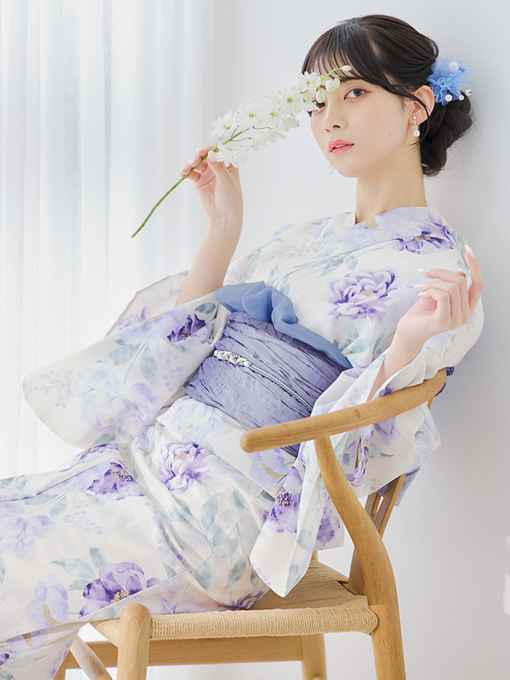 即日発送】水彩紫牡丹柄浴衣【浴衣3点セット 浴衣/帯/下駄】[OF04