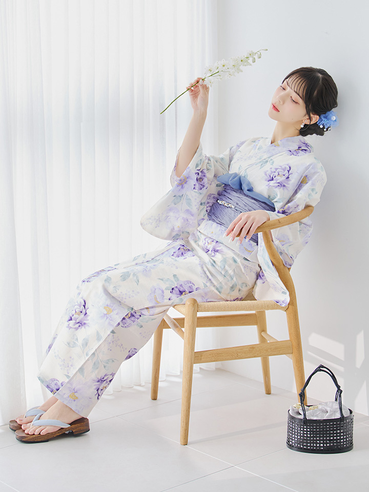 即日発送】水彩紫牡丹柄浴衣【浴衣3点セット 浴衣/帯/下駄