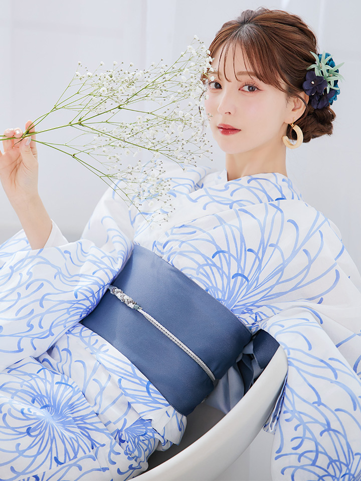 即日発送】白菊月の古典浴衣【浴衣3点セット 浴衣/帯/下駄】[YMT