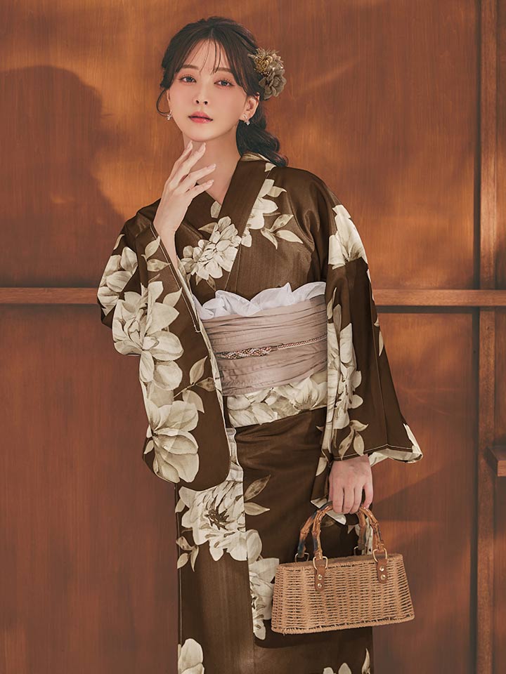 即日発送】送料無料！大人ブラウンフラワー浴衣【浴衣3点セット 浴衣