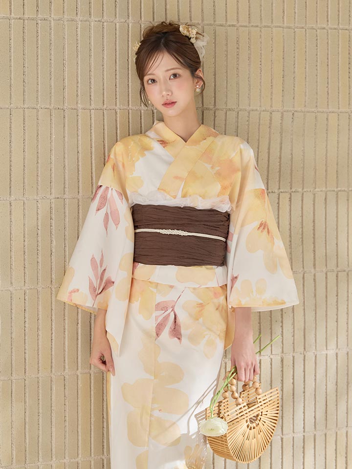 JEWELS水彩イエローフラワー浴衣 【浴衣4点セット 浴衣/帯/兵児帯/下駄】 即日発送】淡色イエローフラワー浴衣【浴衣3点セット 浴衣/帯/下駄