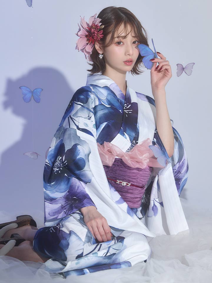 藍水彩フラワー浴衣
