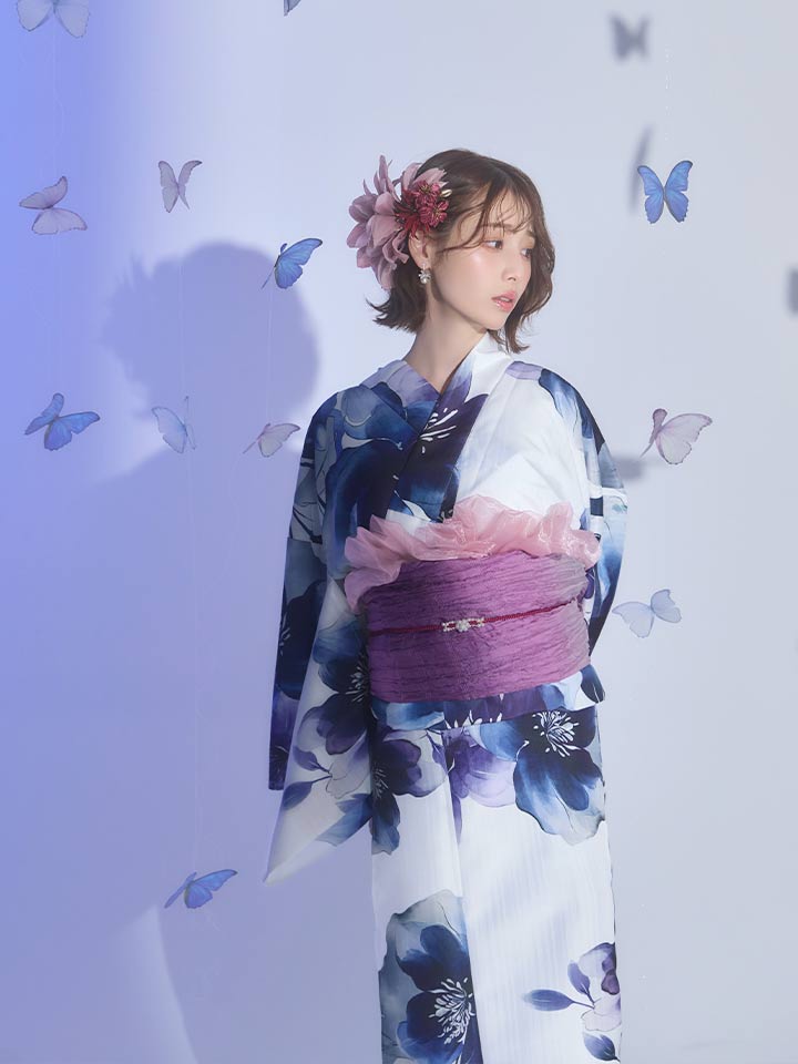送料無料！藍水彩フラワー浴衣【浴衣3点セット 浴衣/帯/下駄】[OF04