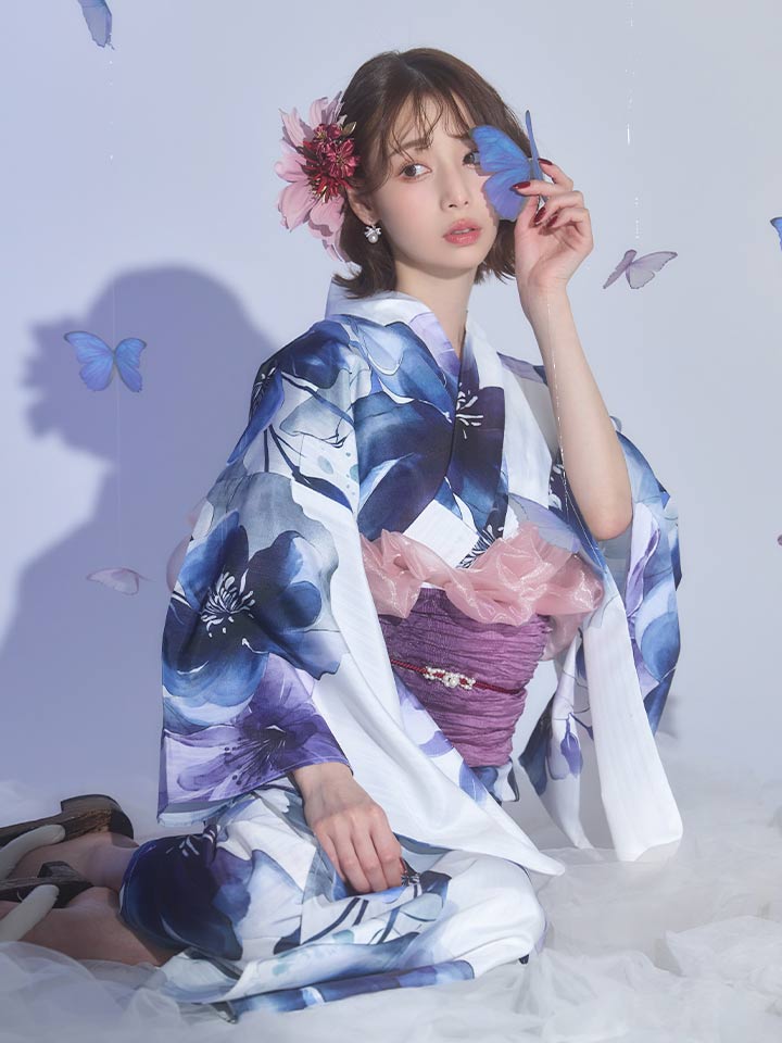 送料無料！藍水彩フラワー浴衣【浴衣3点セット 浴衣/帯/下駄】[OF04