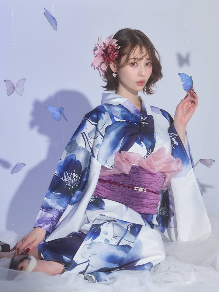 送料無料！藍水彩フラワー浴衣【浴衣3点セット 浴衣/帯/下駄】[OF04