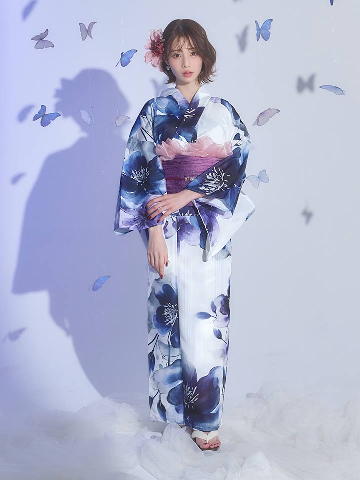 送料無料！藍水彩フラワー浴衣【浴衣3点セット 浴衣/帯/下駄】[OF04