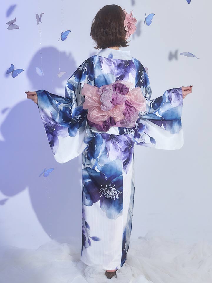 新品未使用 大輪の花 浴衣 送料無料！藍水彩フラワー浴衣【浴衣3点セット 浴衣/帯/下駄】[OF04