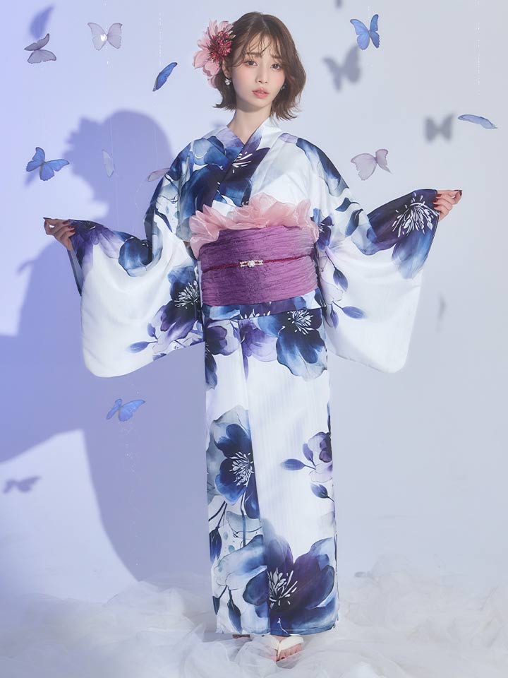送料無料！藍水彩フラワー浴衣【浴衣3点セット 浴衣/帯/下駄】[OF04