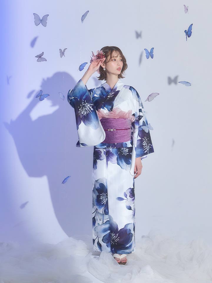 送料無料！藍水彩フラワー浴衣【浴衣3点セット 浴衣/帯/下駄】[OF04