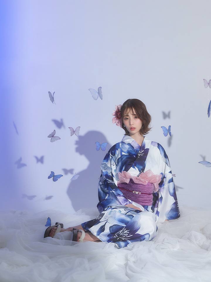 送料無料！藍水彩フラワー浴衣【浴衣3点セット 浴衣/帯/下駄】[OF04