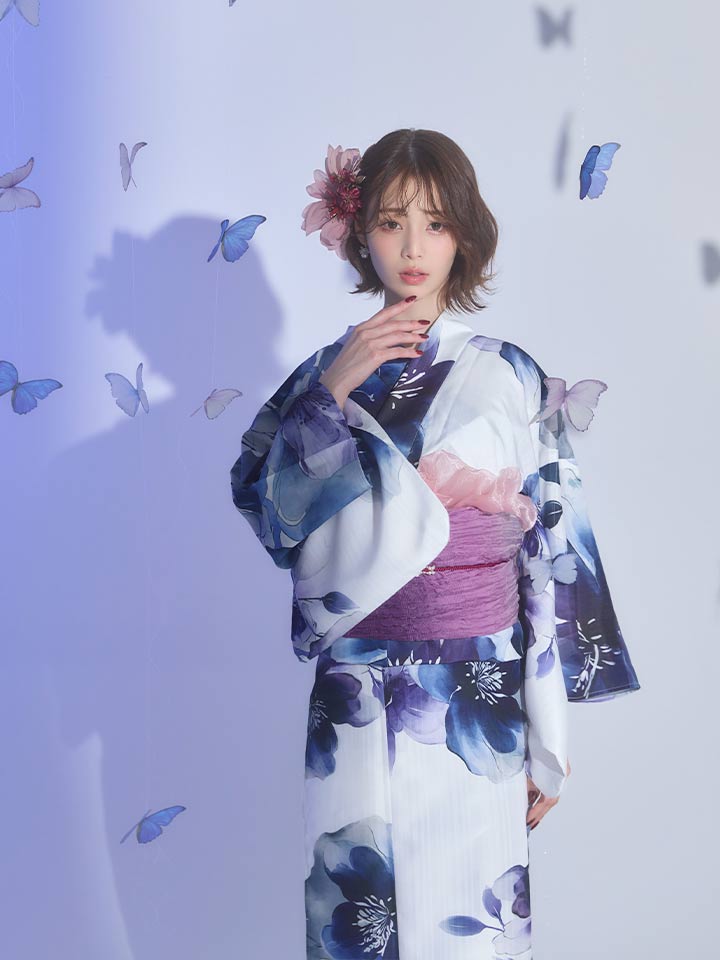 新品　未使用　浜松 ハート型花柄 浴衣　寸法写真表示 送料無料！藍水彩フラワー浴衣【浴衣3点セット 浴衣/帯/下駄】[OF04