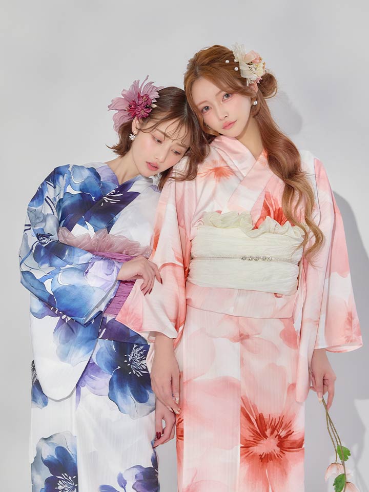 コラボ浴衣】藍水彩フラワー浴衣/スウィート水彩ピンクコスモス浴衣
