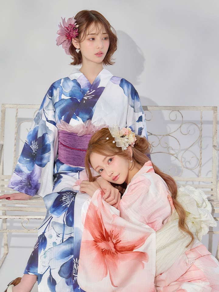 コラボ浴衣】藍水彩フラワー浴衣/スウィート水彩ピンクコスモス浴衣