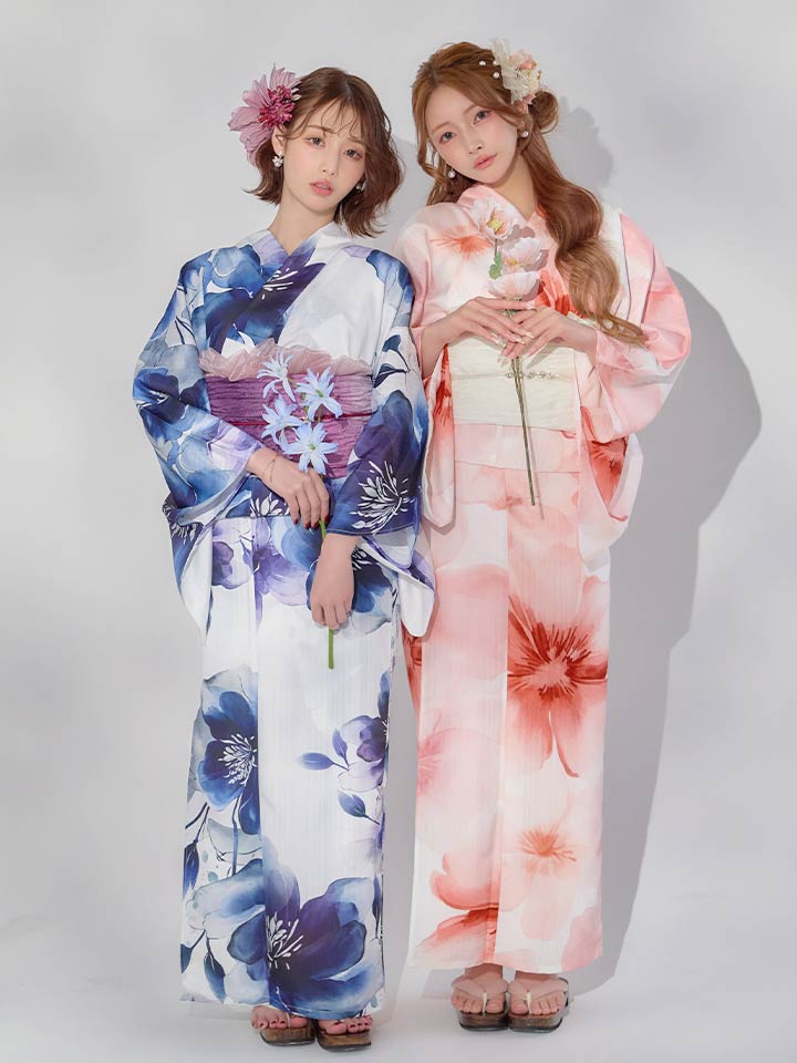 コラボ浴衣】藍水彩フラワー浴衣/スウィート水彩ピンクコスモス浴衣