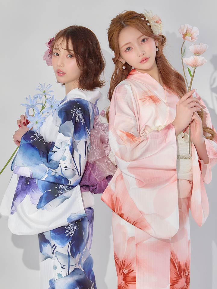 コラボ浴衣】藍水彩フラワー浴衣/スウィート水彩ピンクコスモス浴衣