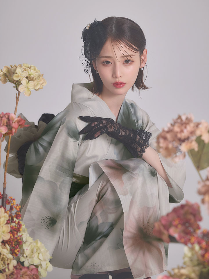 水彩ニュアンスグレーコスモス浴衣