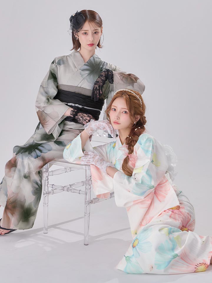 水彩ニュアンスグレーコスモス浴衣/MIXフローラ浴衣