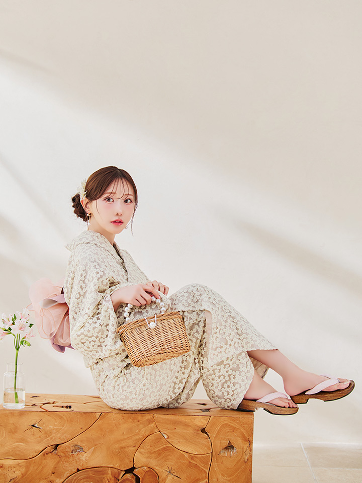 sugar nine 小花レース　ゆかた　ピンク 即日発送】くすみピンク地x小花レース浴衣 【浴衣3点セット